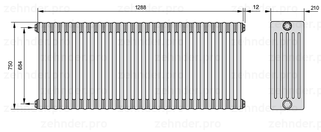 Схема (чертеж) Радиатор Zehnder Charleston 6075/28 №1270 Белый глянцевый RAL 9016